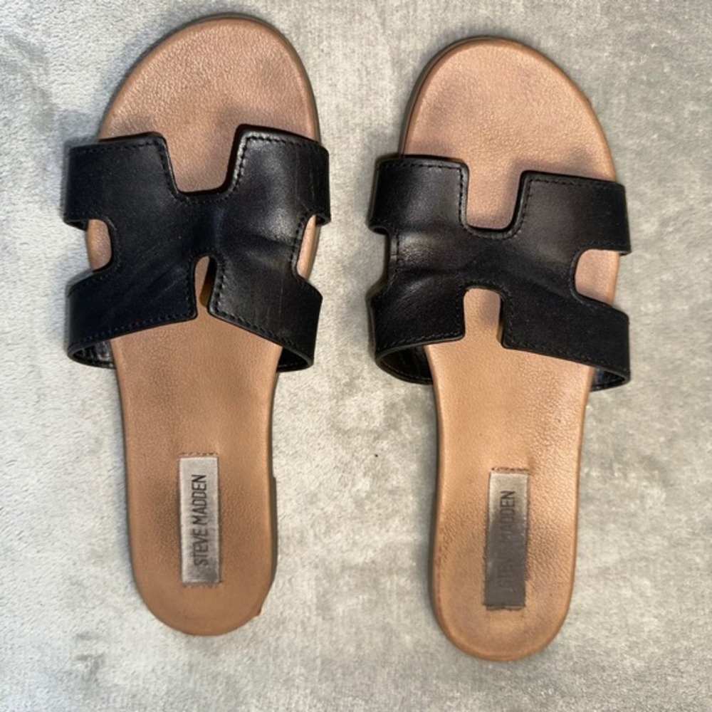 Steve Madden Hoku Slide Sandals Sz 8.5‎ Black Leather H-Band Cutout Flat Slip On